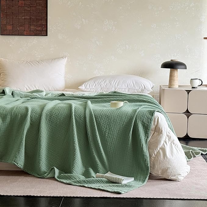 FALUCA Cotton Muslin Reversible Blanket Twin Size for Bed, Couch, Four Layers Blanket, Soft Lightweight Cozy Breathable Farmhouse Decoration for All-Season, Light Green