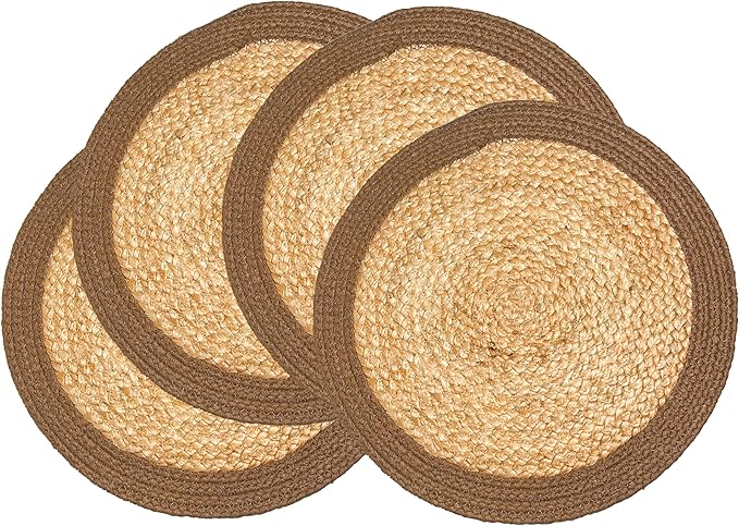 Chardin home Round Verona Woven Jute & Cotton Braided PLACEMAT (Set of 4), Size -14 inch, Round, Color - Natural Jute with Brown Border