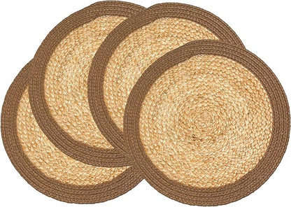 Chardin home Round Verona Woven Jute & Cotton Braided PLACEMAT (Set of 4), Size -14 inch, Round, Color - Natural Jute with Brown Border