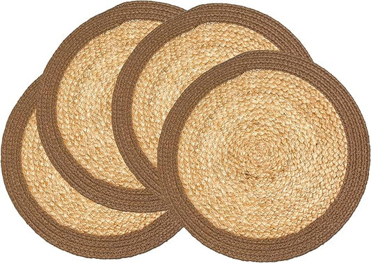 Chardin home Round Verona Woven Jute & Cotton Braided PLACEMAT (Set of 4), Size -14 inch, Round, Color - Natural Jute with Brown Border