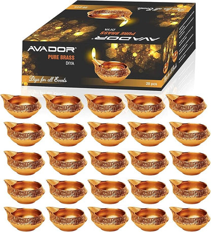 AVADOR Handmade Brass Indian Puja Oil Lamp, Golden Diya Lamp Engraved Design Diya for Diwali Pooja 2.5 Inch (20)