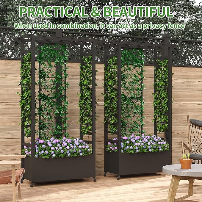 Raised Garden Bed with Trellis & Hanging Roof, Weatherproof Metal Planter Box with Wheels, Garden Arch Trellis for Outdoor Climbing Plants Vines Flowers, 74" H x 44" L x 17" W, Black