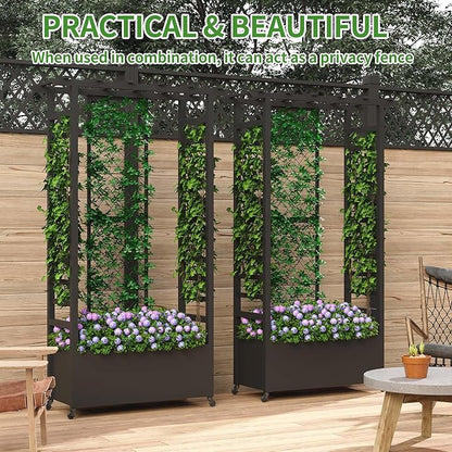 Raised Garden Bed with Trellis & Hanging Roof, Weatherproof Metal Planter Box with Wheels, Garden Arch Trellis for Outdoor Climbing Plants Vines Flowers, 74" H x 44" L x 17" W, Black