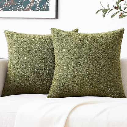 Mixhug Decorative Boucle Throw Pillow Covers, Olive Green, 20 x 20 Inches, Pack of 2 - Textured Boho Pillow Covers for Couch and Bed