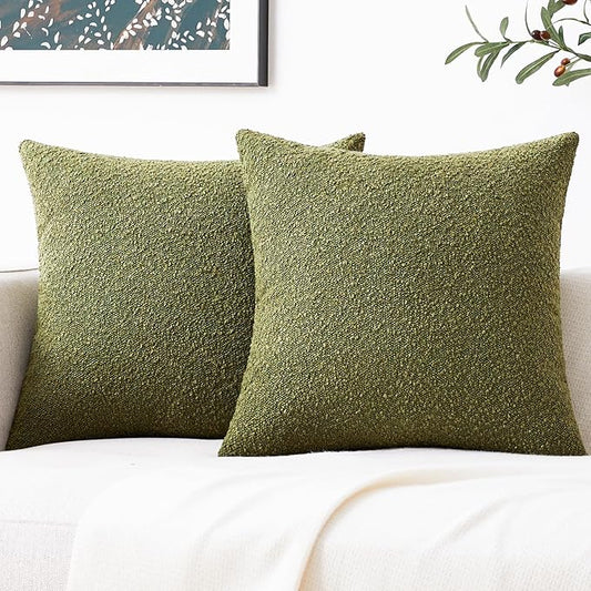 Mixhug Decorative Boucle Throw Pillow Covers, Olive Green, 20 x 20 Inches, Pack of 2 - Textured Boho Pillow Covers for Couch and Bed