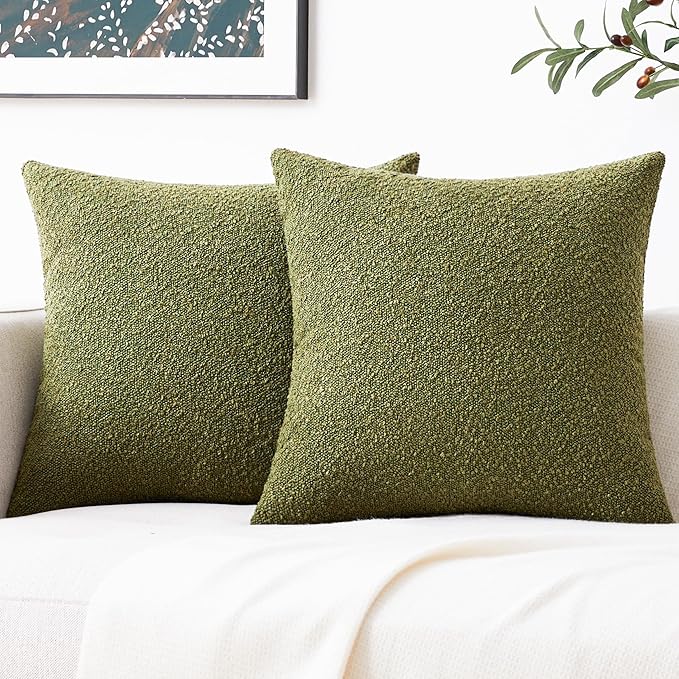 Mixhug Decorative Boucle Throw Pillow Covers, Olive Green, 18 x 18 Inches, Pack of 2 - Textured Boho Pillow Covers for Couch and Bed