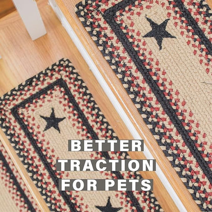 Homespice Primitive Star Gloucester Jute Braided Stair Tread, Warm Primitive Decor, Set of 13, Black and Red 8x28 Rectangle Rug for Stairs - Easy to Clean, Tightly Stitched and Durable