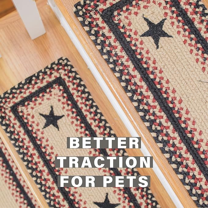 Homespice Primitive Star Gloucester Jute Braided Staircase Step Treads, Warm Primitive Decor, Set of 13, Black and Red 8x28 Oval Rug for Stairs - Easy to Clean, Tightly Stitched and Durable