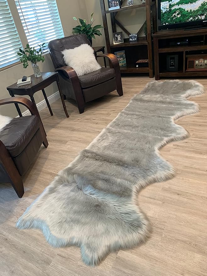 LAMBZY Faux Sheepskin Super Soft Hypoallergenic Silky Shag Rug for Living Room, Kids Room, Sofa (5 Pelts Side by Side 3'x10', Grey)