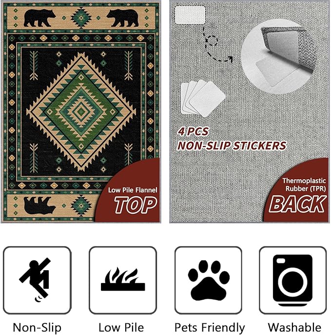 Southwestern Rug 7x10 - Native American Bear Cabin Area Rugs for Living Room Bedroom, Rustic Tribal Machine Washable | Non-Slip | Soft Large Carpets, Aztec Room Decor (Green Tan Black)