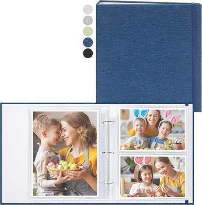 Vienrose Linen 3-Ring Photo Album Holds 250 Photos, 200 4x6 Photos and 50 6x8 Pictures, Picture Album with Multiple Size Pockets, Memory Book for Family Wedding Anniversary Baby, Blue