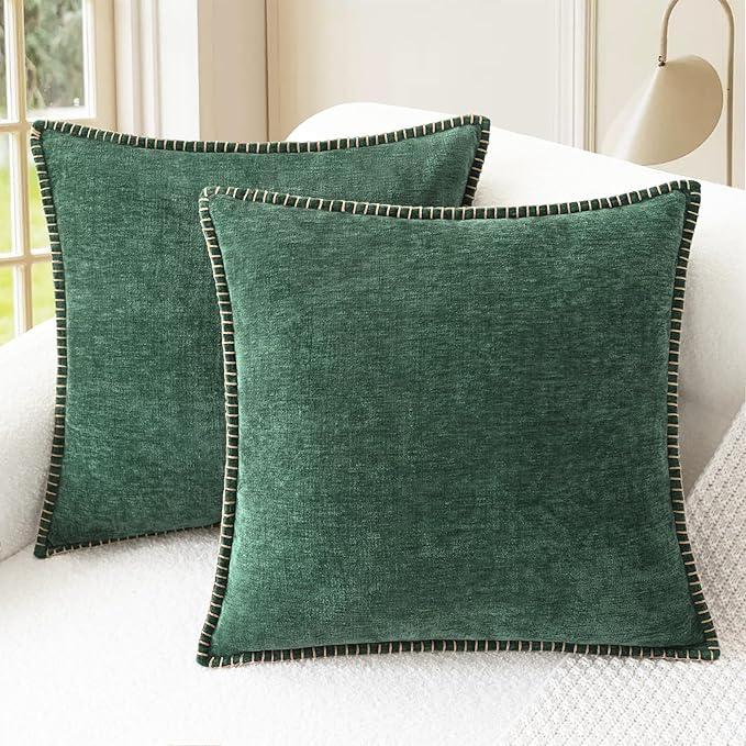 CaliTime Christmas Throw Pillow Covers Decorative 22 X 22 Inches Pack of 2 Cotton Thread Stitching Edges Solid Dyed Soft Chenille Cushion Cases for Couch Sofa Bed Living Room Farmhouse Dark Green