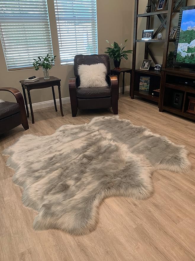 LAMBZY Faux Sheepskin Super Soft Hypoallergenic Silky Shag Rug for Living Room, Kids Room, Sofa (Sexto 6 Pelts 6'x6', Grey)