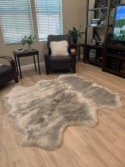 LAMBZY Faux Sheepskin Super Soft Hypoallergenic Silky Shag Rug for Living Room, Kids Room, Sofa (Sexto 6 Pelts 6'x6', Grey)