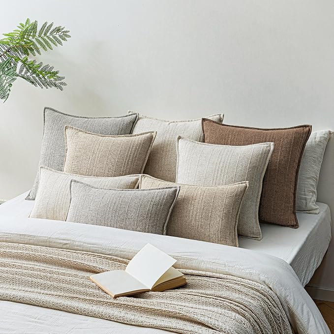 a moment Linen Pillow Covers Set of 2,Boho Farmhouse Throw Pillowcases Neutral Textured Decorative Covers for Couch Sofa,Soft Linen Blend Accent Case Cushion Living Room Home Decor 18"x18"Hazel