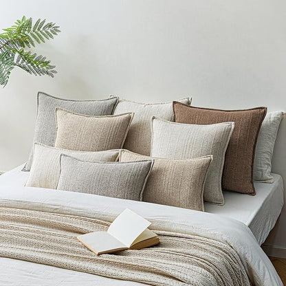 a moment Linen Pillow Covers Set of 2,Boho Farmhouse Throw Pillowcases Neutral Textured Decorative Covers for Couch Sofa,Soft Linen Blend Accent Case Cushion Living Room Home Decor 18"x18"Hazel
