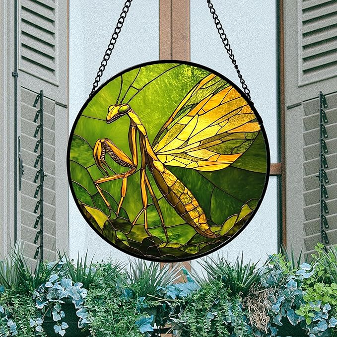 DASTOLL Stained Glass Window Hanging 4 Pcs Set Green Plants Yellow Insect Theme 6.3" - Suncatcher Door Garden Sun Catcher Decor Birthday Christmas for Mom Woman Nana Men