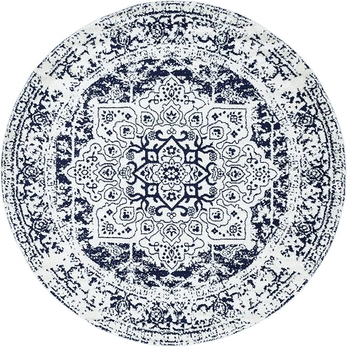 Rugs.com Arlington Collection Rug – 8 Ft Round Blue Medium-Pile Rug Perfect for Kitchens, Dining Rooms