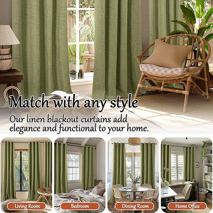 Lajode 100% Linen Blackout Curtains for Bedroom Living Room 45 Inch Long 2 Panels, Thermal Insulated Light Blocking Soundproof Curtains, Noise Reducing Window Drapes 52x45 Inch 2 Panels, Olive Green