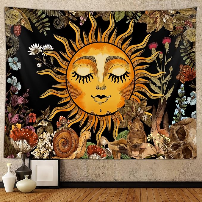 Boho Sun Tapestry for Bedroom Aesthetic, Vintage Plant Mushroom Botanical Sun and Moon Art Tapestries Wall Hanging for Dorm Living Room Decor 60X40, Fairy Poster Blanket