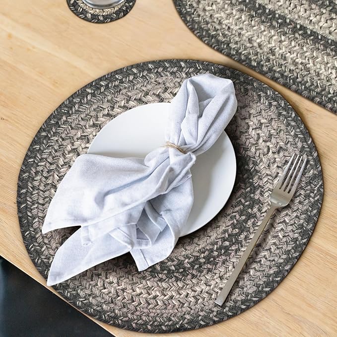 Homespice Flint Hill Round Braided Placemats, Warm Primitive Decor, Set of 2, 15", Grey Jute Table Mats - Vibrant Colors, Durable, Easy to Clean and Protects Furniture