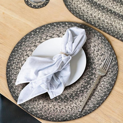 Homespice Flint Hill Jute Woven Round Placemats Set of 6, 15", Warm Primitive Decor, Grey Table Mats - Vibrant Colors, Durable, Easy to Clean and Protects Furniture