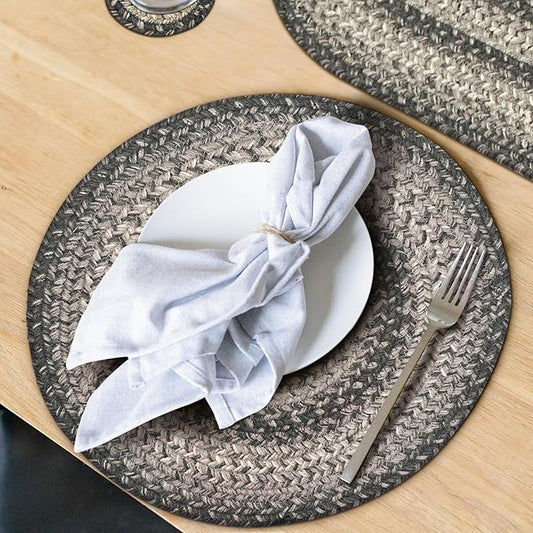 Homespice Flint Hill Jute Woven Round Placemats Set of 6, 15", Warm Primitive Decor, Grey Table Mats - Vibrant Colors, Durable, Easy to Clean and Protects Furniture