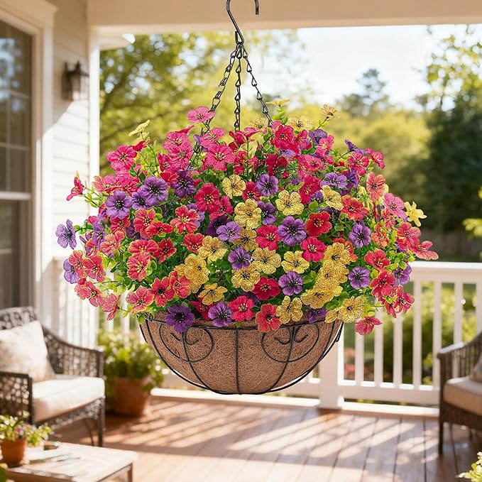 2 Set Artificial Faux Hanging Flowers Plants Basket for Outdoors Outside Spring Summer Decoration,2 Hanging Planters 24pcs Silk Fake Flowers UV Resistant Porch Patio Front Garden Home (4 Multicolor)