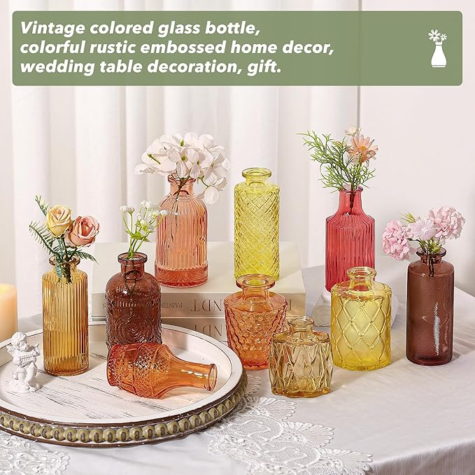 Colored Glass Vases Bulk 32 Pcs - Assorted Vintage Bud Vases for Wedding Centerpieces, Rustic Embossed Glass Bottles for Table Decor, Home Floral Arrangements with Gold Series (2-6 Inch)