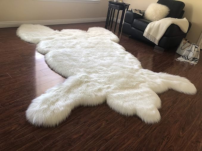 LAMBZY Faux Sheepskin Hypoallergenic,Super Soft Faux Bear Skin Silky Shag Rug (6'x9', White)