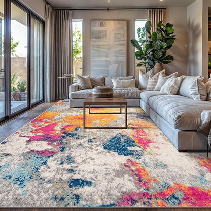 Rugshop Distressed Abstract Watercolor Area Rug, Fade-Resistant Multicolor Carpet for Large Living Room or Open Floor Layout, 10' x 14'