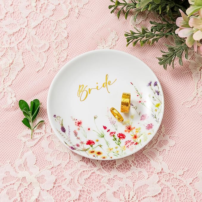 Crisky Bride Jewelry Ring Dish for Bridal Shower Wedding Gifts Engagement Gifts for Bride to Be Bachelorette Bridal Party, Fiance Gifts for Women Floral Trinket Tray