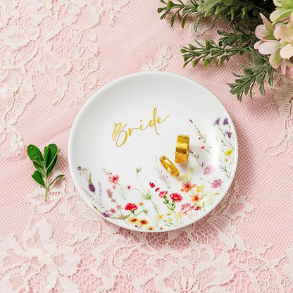 Crisky Bride Jewelry Ring Dish for Bridal Shower Wedding Gifts Engagement Gifts for Bride to Be Bachelorette Bridal Party, Fiance Gifts for Women Floral Trinket Tray