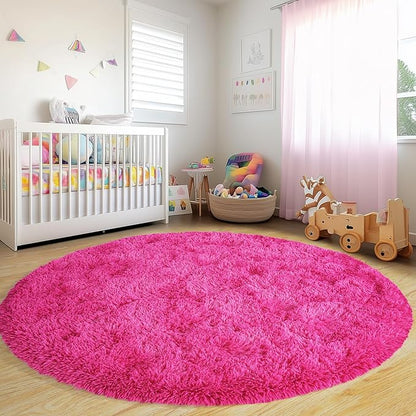 Round Fluffy Rugs 7Ft for Girls Bedroom, Hot Pink Shag Circle Kids Rug Non-Slip for Bedside Dorm Nursery Playroom, Soft Cute Area Rugs for Living Room Decor