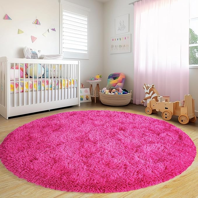 Round Fluffy Rugs 4Ft for Girls Bedroom, Hot Pink Shag Circle Kids Rug Non-Slip for Bedside Dorm Nursery Playroom, Soft Cute Area Rugs for Living Room Decor