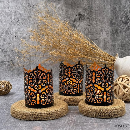 Hosley Set of 3 Black Finish Metal Candle Holders 4 Inch High Lattice Cut Lanterns for Coordinated Elegance and Enchanting Illumination Elevate Your Decor