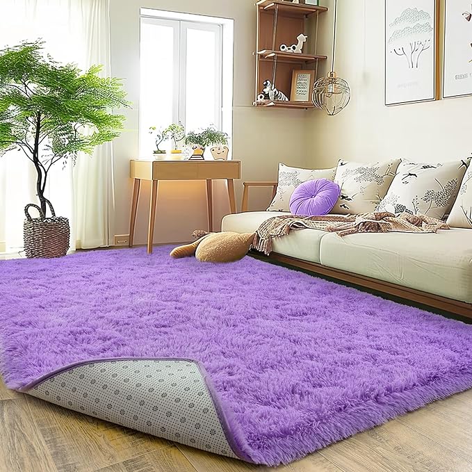 Super Fluffy Rug for Bedroom, 4x6 Shag Fuzzy Area Rug for Living Room Bedroom, Plush Soft Carpet for Girls Boys Kids, Non Slip Throw Rugs for Dorm, Modern Home Decor Aesthetic, Purple