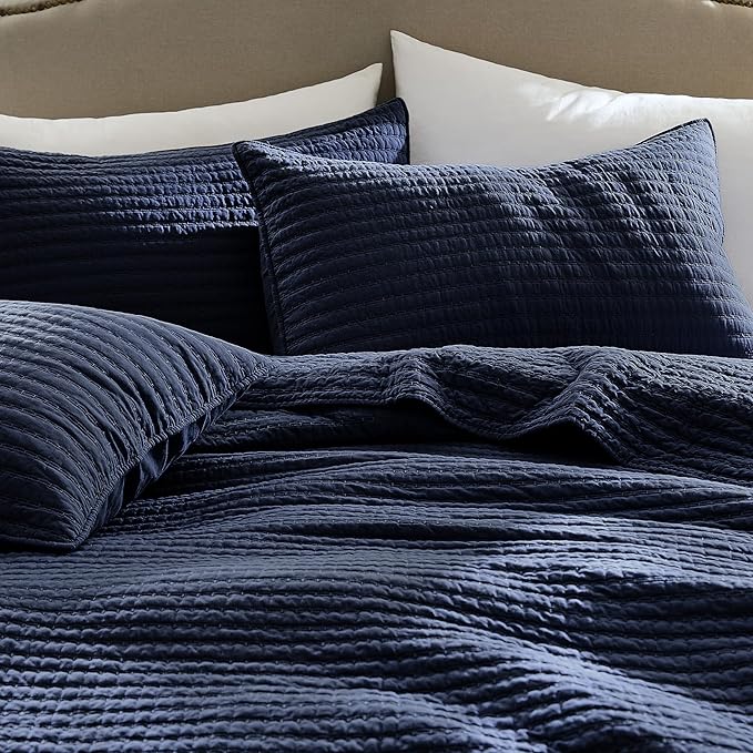 WDCOZY 100% Cotton Queen Size Quilt Set - Navy Blue Striped Pick Stitch Soft Lightweight Bedspread, Textured Like Linen, Farmhouse Country Rustic Coverlet, Shabby Chic Gauze Bedding, 3 Pieces