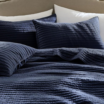 WDCOZY 100% Cotton Queen Size Quilt Set - Navy Blue Striped Pick Stitch Soft Lightweight Bedspread, Textured Like Linen, Farmhouse Country Rustic Coverlet, Shabby Chic Gauze Bedding, 3 Pieces