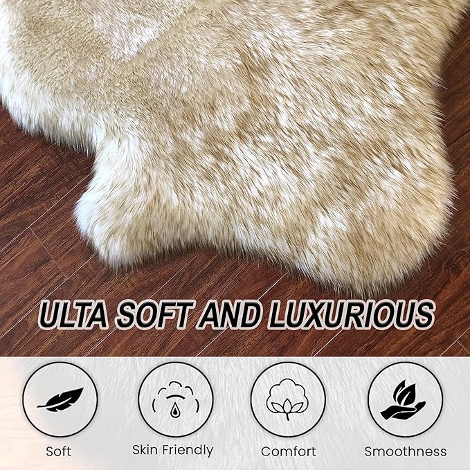 Free Shape Luxury Soft Fluffy Shag Area Rug Single and a Half 2'x4', 60x120cm - Vegan Fur Ultra Soft Indoor Carpet Nursery Rugs for Bedroom Home Decor, White with Brown Tips