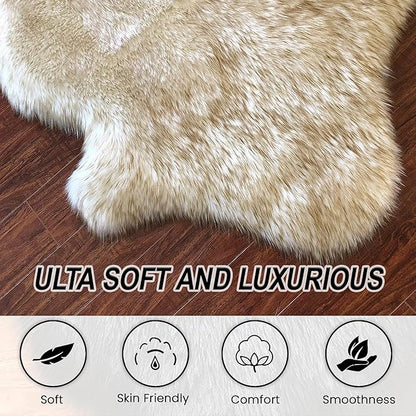 Free Shape Luxury Soft Fluffy Shag Area Rug Single and a Half 2'x4', 60x120cm - Vegan Fur Ultra Soft Indoor Carpet Nursery Rugs for Bedroom Home Decor, White with Brown Tips