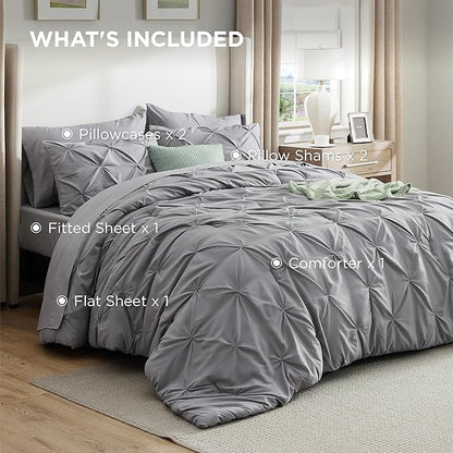 Bedsure King Size Comforter Set - Bedding Sets King 7 Pieces, Pintuck Bed in a Bag Grey Bed Set with Comforter, Sheets, Pillowcases & Shams