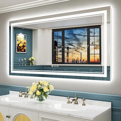 55x30 LED Bathroom Mirror with Lights, Backlit + Front Lit, Anti-Fog Lighted Vanity Mirror for Bathroom Wall with 3 Colors, Stepless Dimmable, Memory, Shatter-Proof, Tempered Glass, ETL Listed