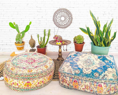 Mandala Life ART Large Floor Pillow Cover Yellow Round Pouf Ottoman Indian Floor Cushion Boho Chic Perfect Vintage Cushion for Living Room, Bedroom, Nursary or Children Room Cotton 24x8 Unstuffed