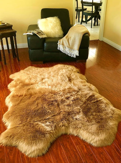Free Shape Luxury Soft Fluffy Shag Area Rug Single Quarto 4 Pelts 4'x6',120x180 cm - Vegan Fur Ultra Soft Indoor Carpet Nursery Rugs for Bedroom Home Decor, Camel