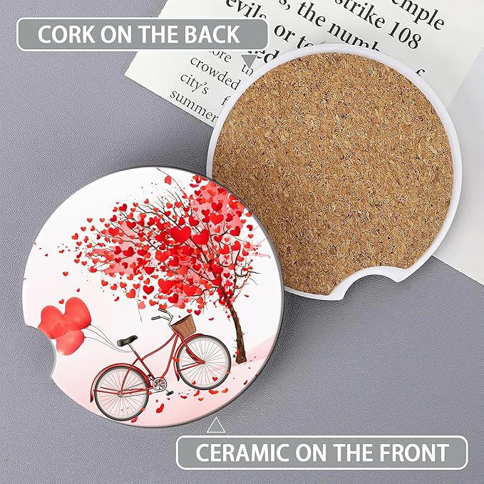 Love Tree Bicycle Cup Holder Coasters for Car,Cute Cup Holder Coasters,2 Pack Anti Slip Ceramic Car Cup Holder Accessories with Finger Notch for Women Men 2.56"