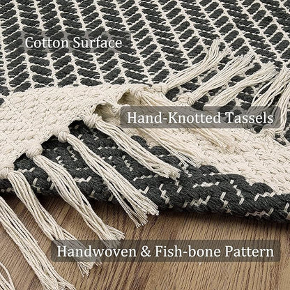 Lahome Boho Kitchen Runner, 2x4.3 Bathroom Runner Rug Lightweight Entryway Rug Woven Cotton Throw Mat with Tassels, Farmhouse Non Shedding Washable Grey Rugs Low Pile for Bedroom Doorway