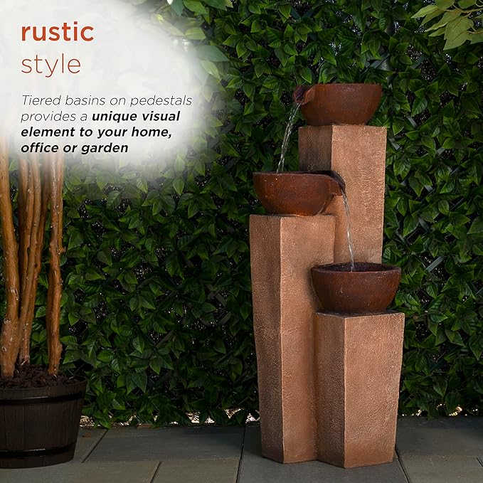 Alpine Corporation ZEN398 35” Outdoor 3-Tiered Modern Pots Water Fountain – Elegant Rustic Floor Fountain for Garden, Patio, Yard, Outdoor Spaces, Relaxing Water Feature, Bronze
