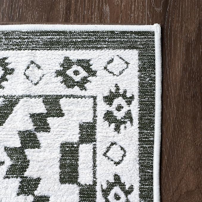 Moroccan Washable Area Rug 3x5, Geometric Tribal Decorative Woven Rug, Non-Slip Boho Farmhouse Soft Low-Pile Area Rug for Living Room Bedroom Dining Table, Olive Green/White