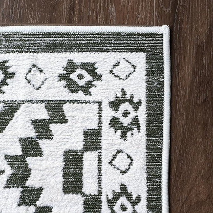Moroccan Washable Area Rug 4x6, Geometric Decorative Woven Rug Low Pile, Non-Slip Boho Accent Farmhouse Indoor Floor Carpet for Bedroom Laundry Living Room Dining Table, Olive Green/White